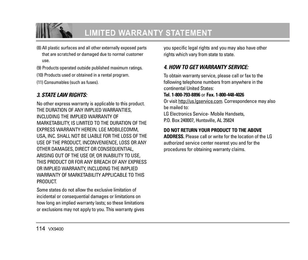 LG Electronics VX9400 manual State LAW Rights 