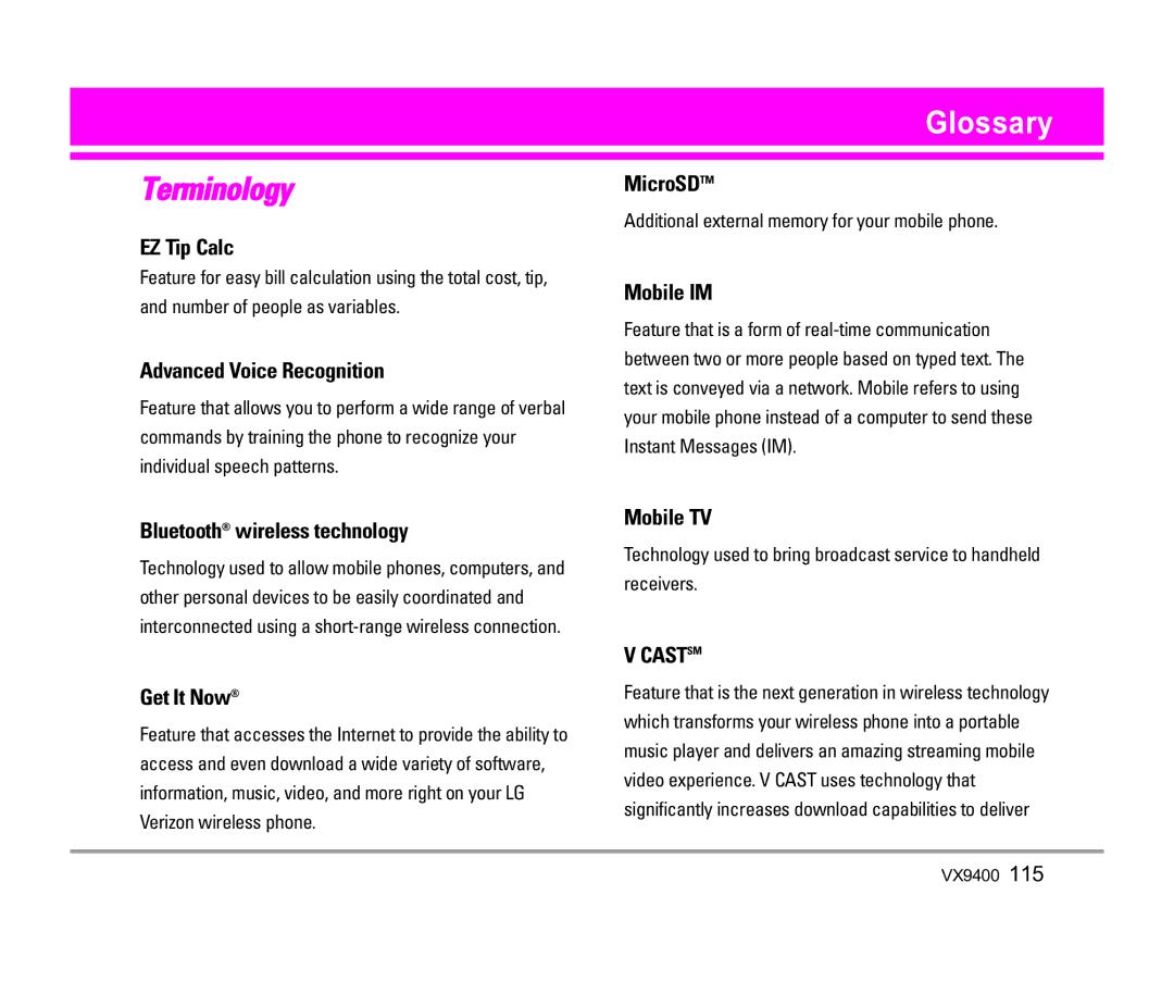 LG Electronics VX9400 manual Glossary 