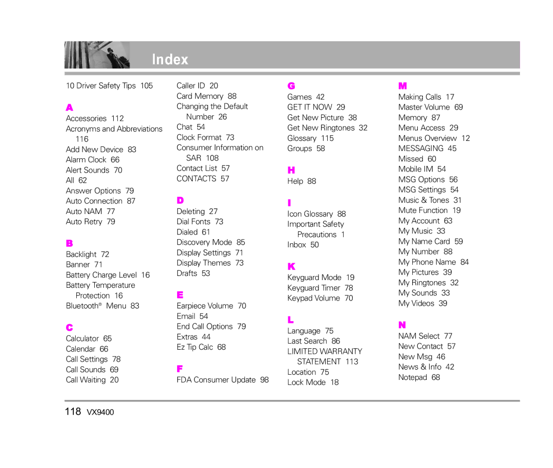 LG Electronics VX9400 manual Index, Contacts 