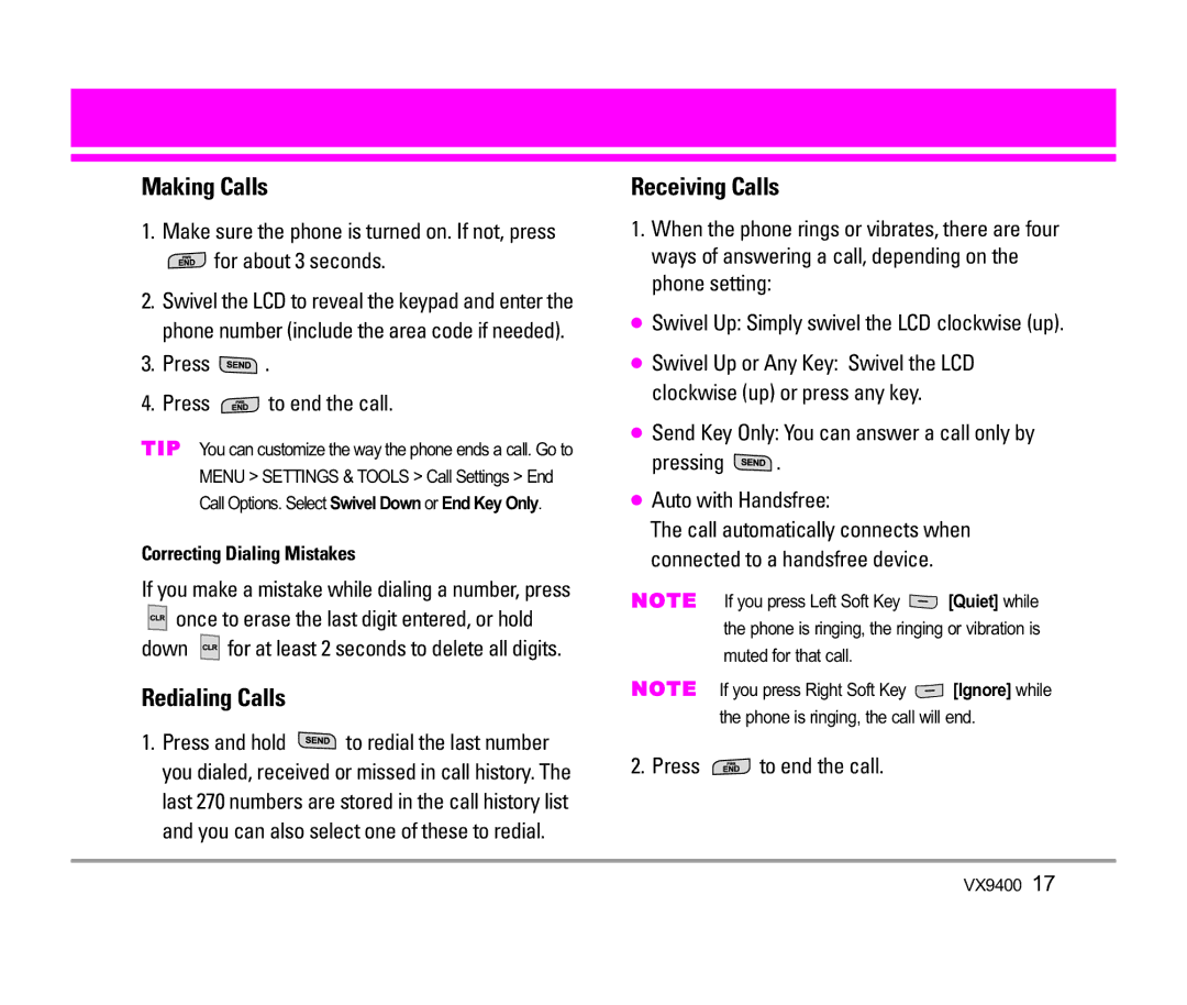 LG Electronics VX9400 manual Press Press to end the call, Once to erase the last digit entered, or hold 