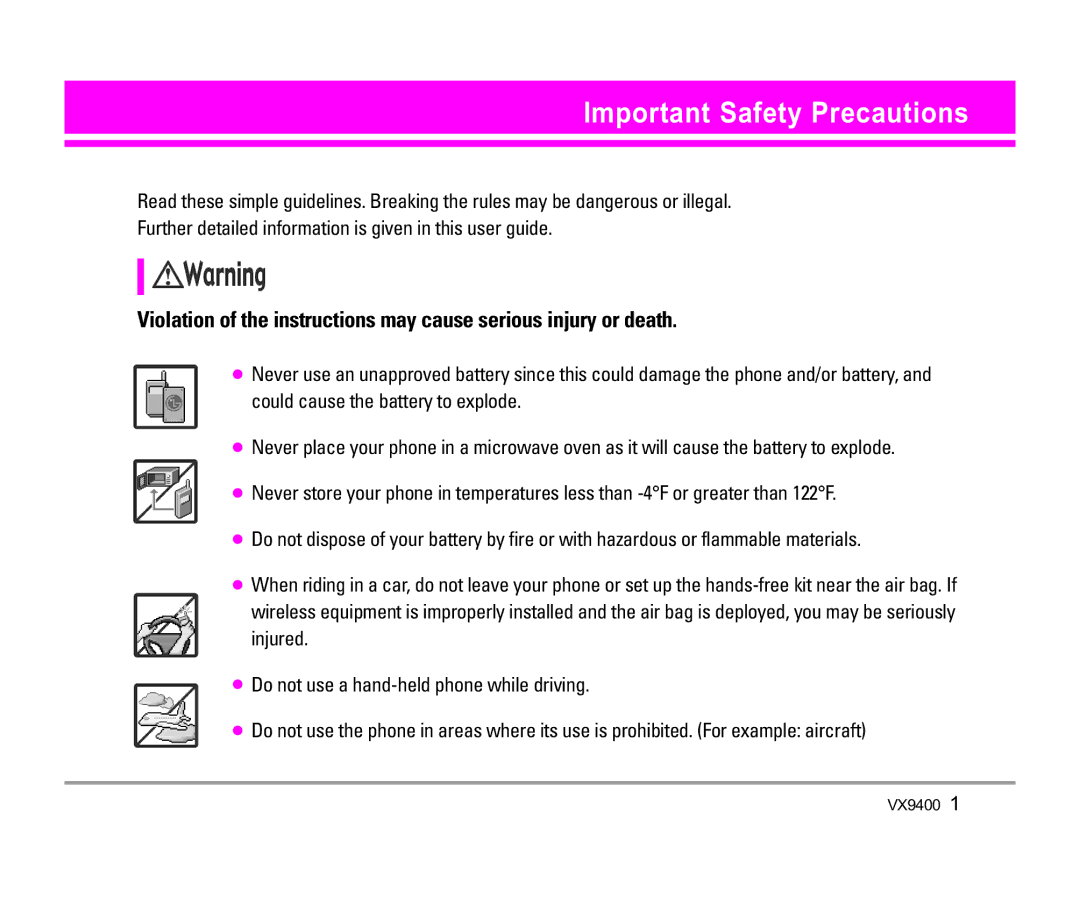 LG Electronics VX9400 manual Important Safety Precautions 