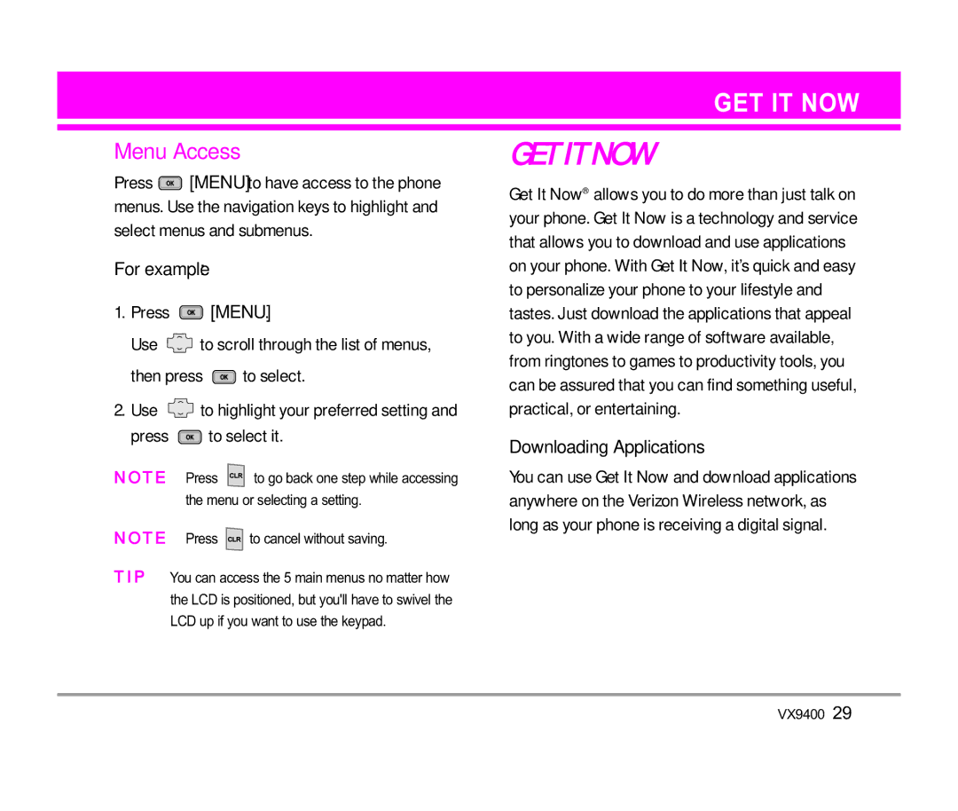 LG Electronics VX9400 manual Menu Access, For example, Downloading Applications 