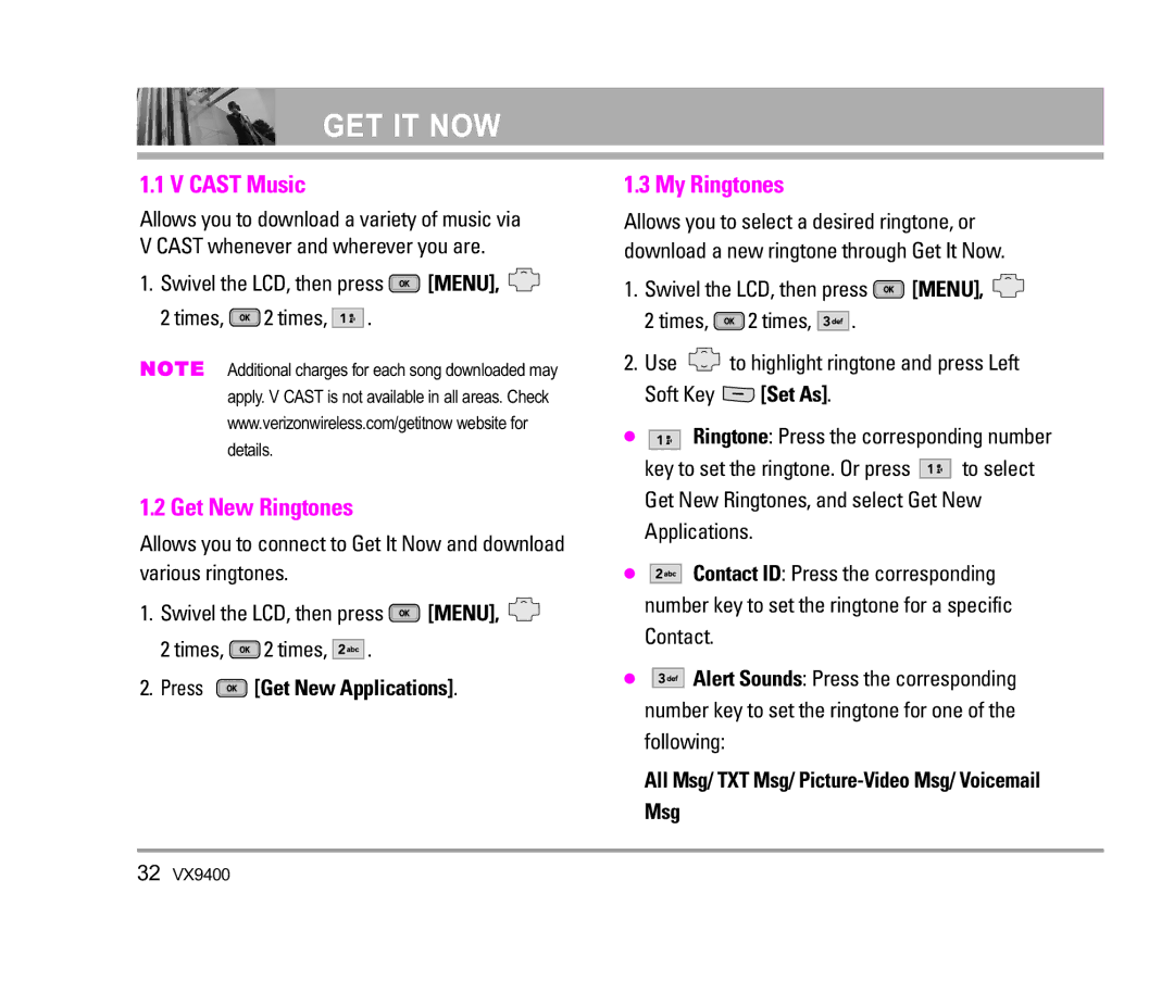 LG Electronics VX9400 manual Cast Music, Get New Ringtones, My Ringtones, Press Get New Applications, Msg 