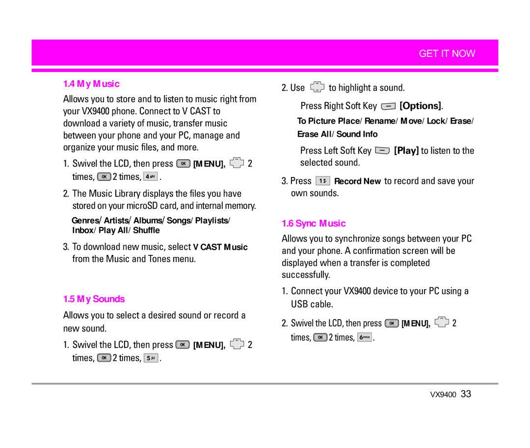 LG Electronics VX9400 manual My Music, My Sounds, Sync Music, Use to highlight a sound Press Right Soft Key Options 