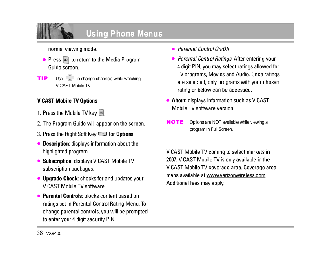 LG Electronics VX9400 manual Using Phone Menus, Cast Mobile TV Options 