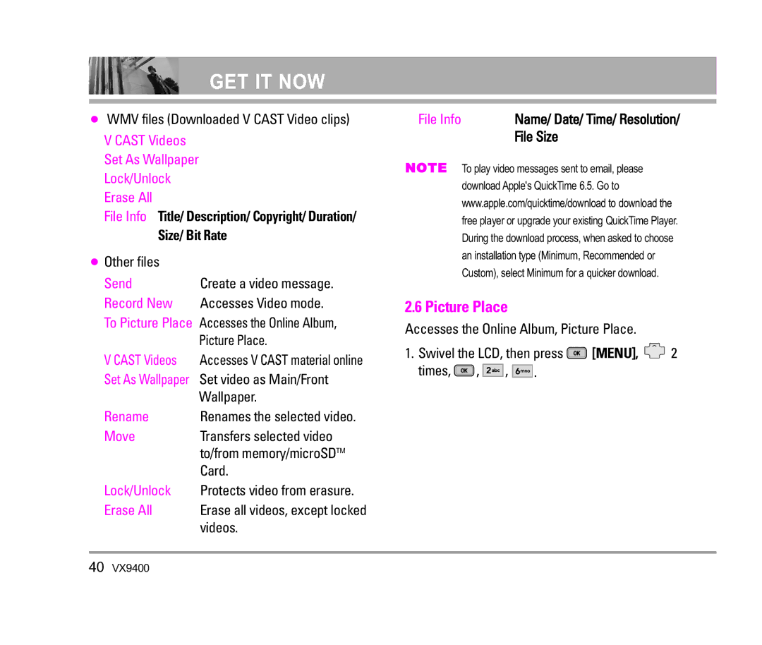 LG Electronics VX9400 manual Picture Place, Size/ Bit Rate 