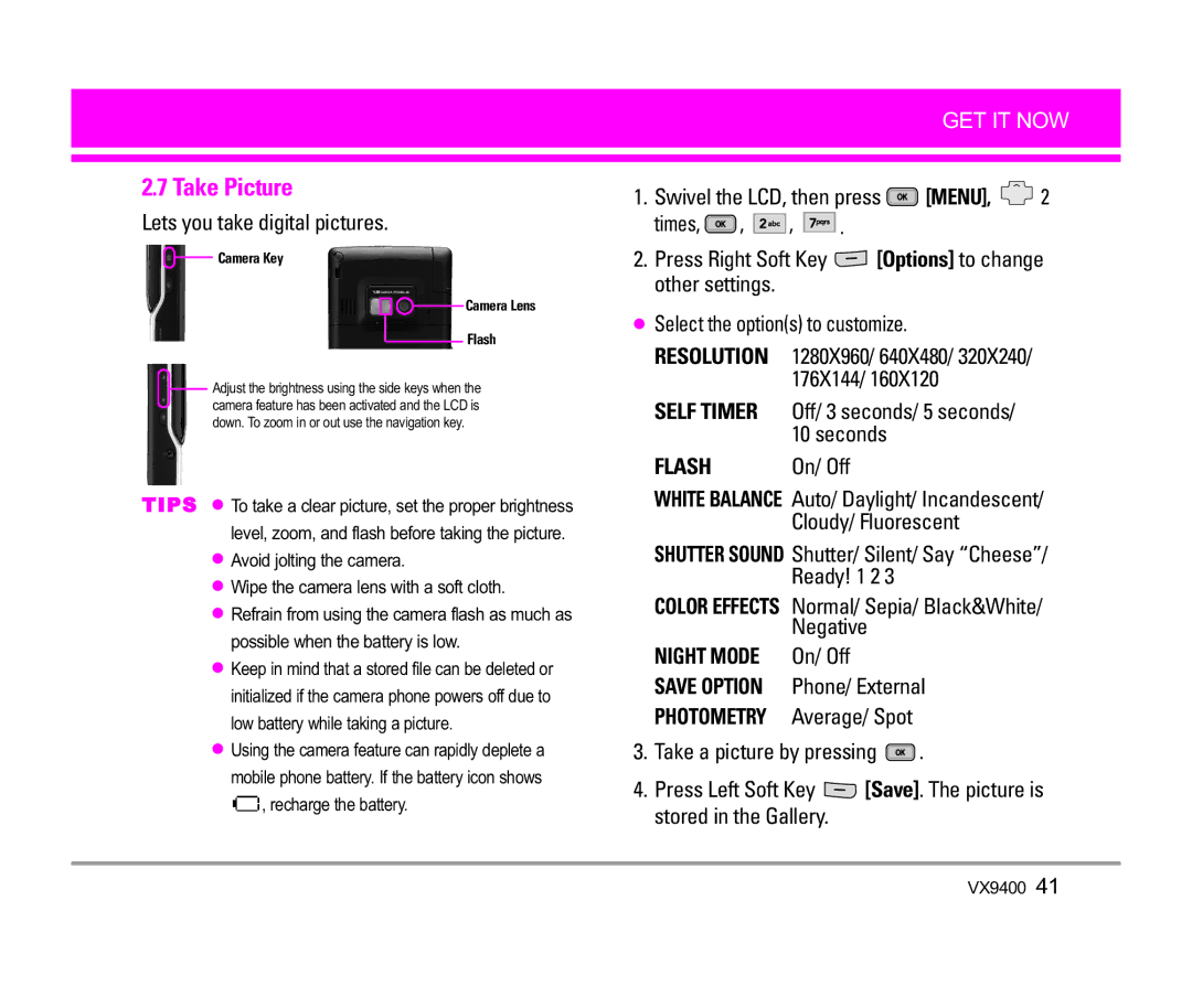 LG Electronics VX9400 manual Take Picture, Lets you take digital pictures, Ready! 1 2, Negative, On/ Off 