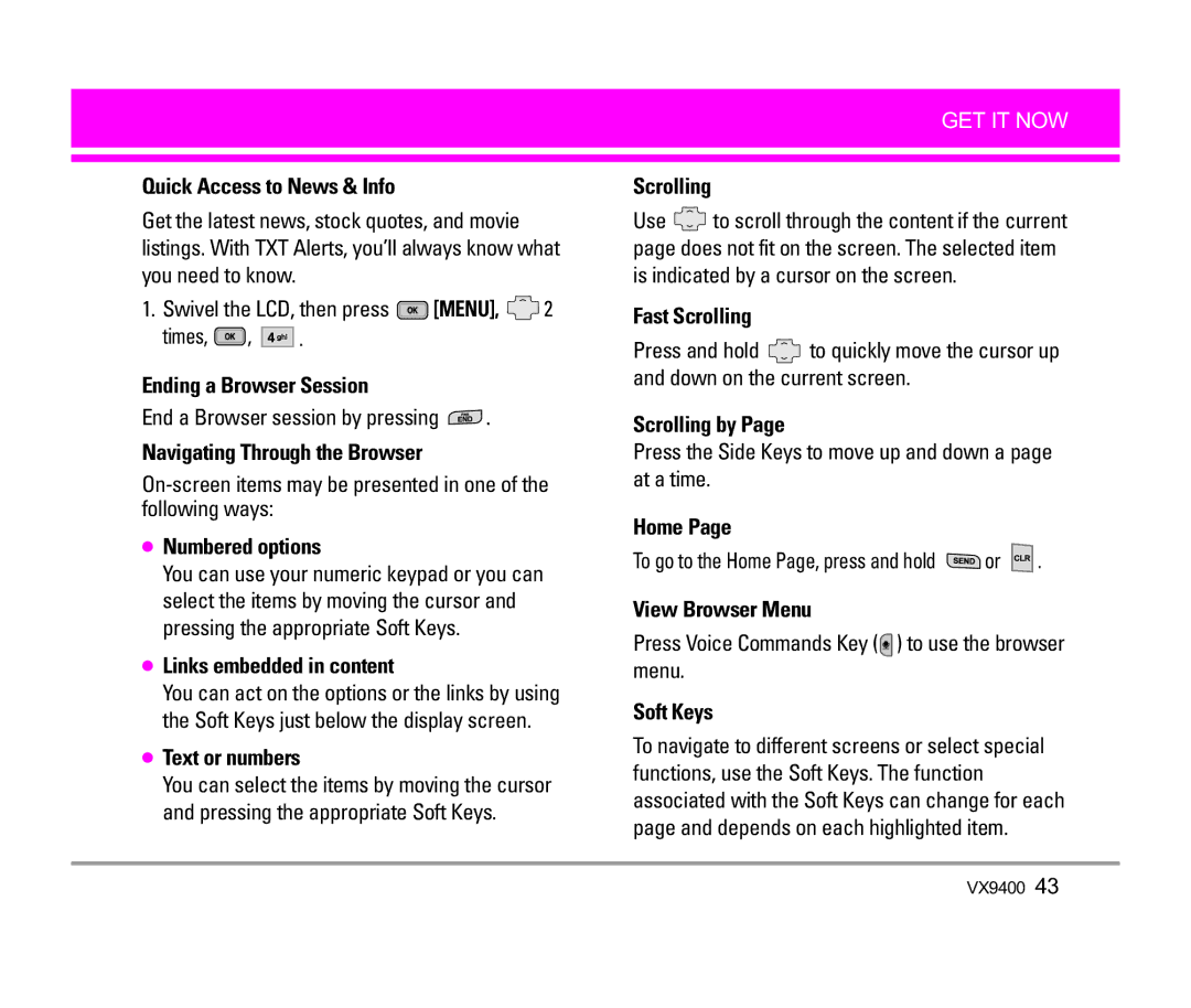 LG Electronics VX9400 Quick Access to News & Info, Ending a Browser Session, Navigating Through the Browser, Scrolling 