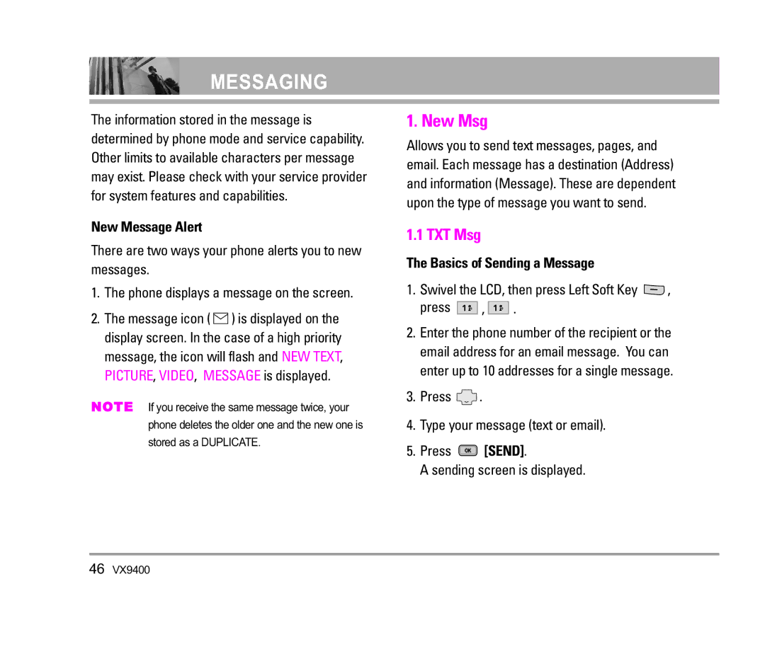 LG Electronics VX9400 manual New Msg, TXT Msg, New Message Alert, Basics of Sending a Message 