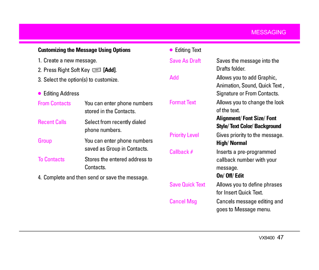 LG Electronics VX9400 manual Customizing the Message Using Options, High/ Normal, On/ Off/ Edit 