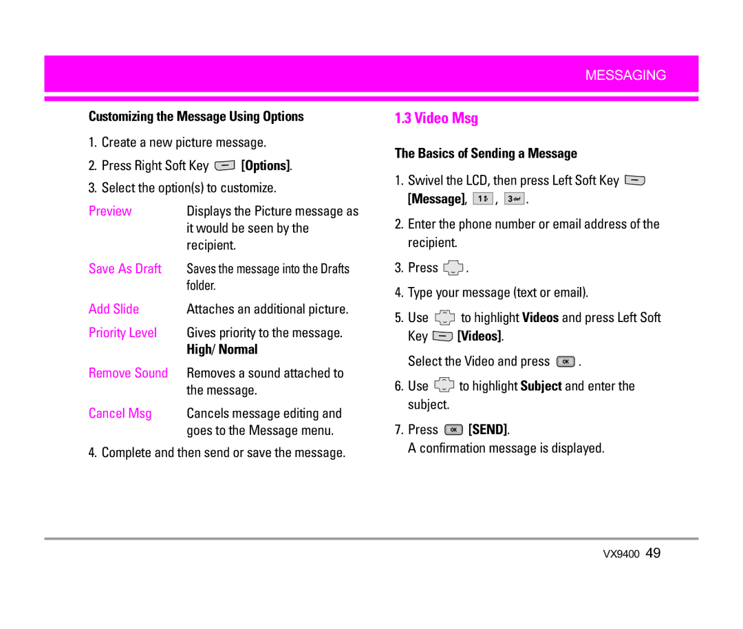 LG Electronics VX9400 manual Video Msg, Key Videos 