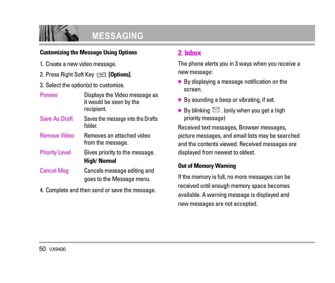 LG Electronics VX9400 manual Inbox, Out of Memory Warning 