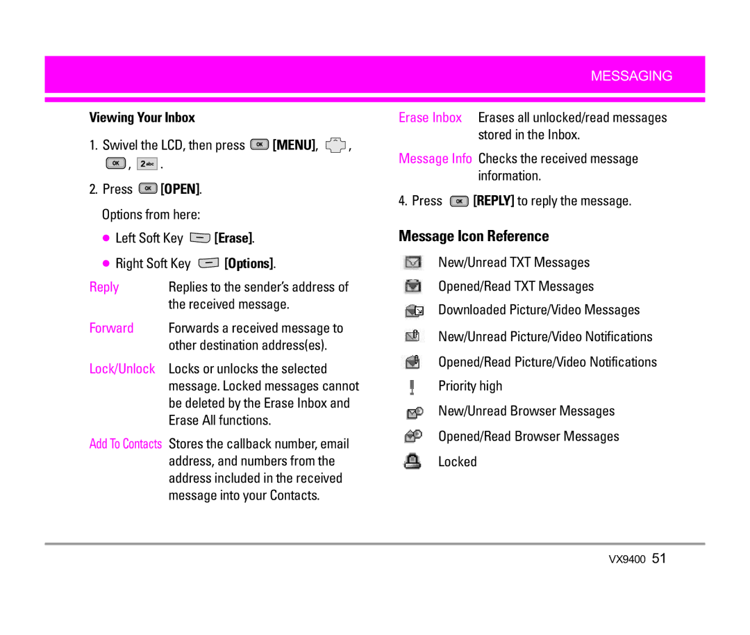 LG Electronics VX9400 manual Viewing Your Inbox 