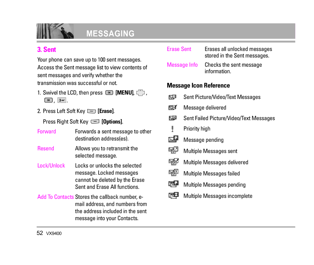 LG Electronics VX9400 manual Sent 