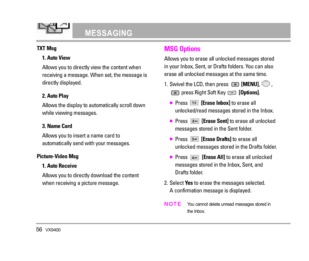 LG Electronics VX9400 manual MSG Options, TXT Msg Auto View, Auto Play, Name Card, Picture-Video Msg Auto Receive 