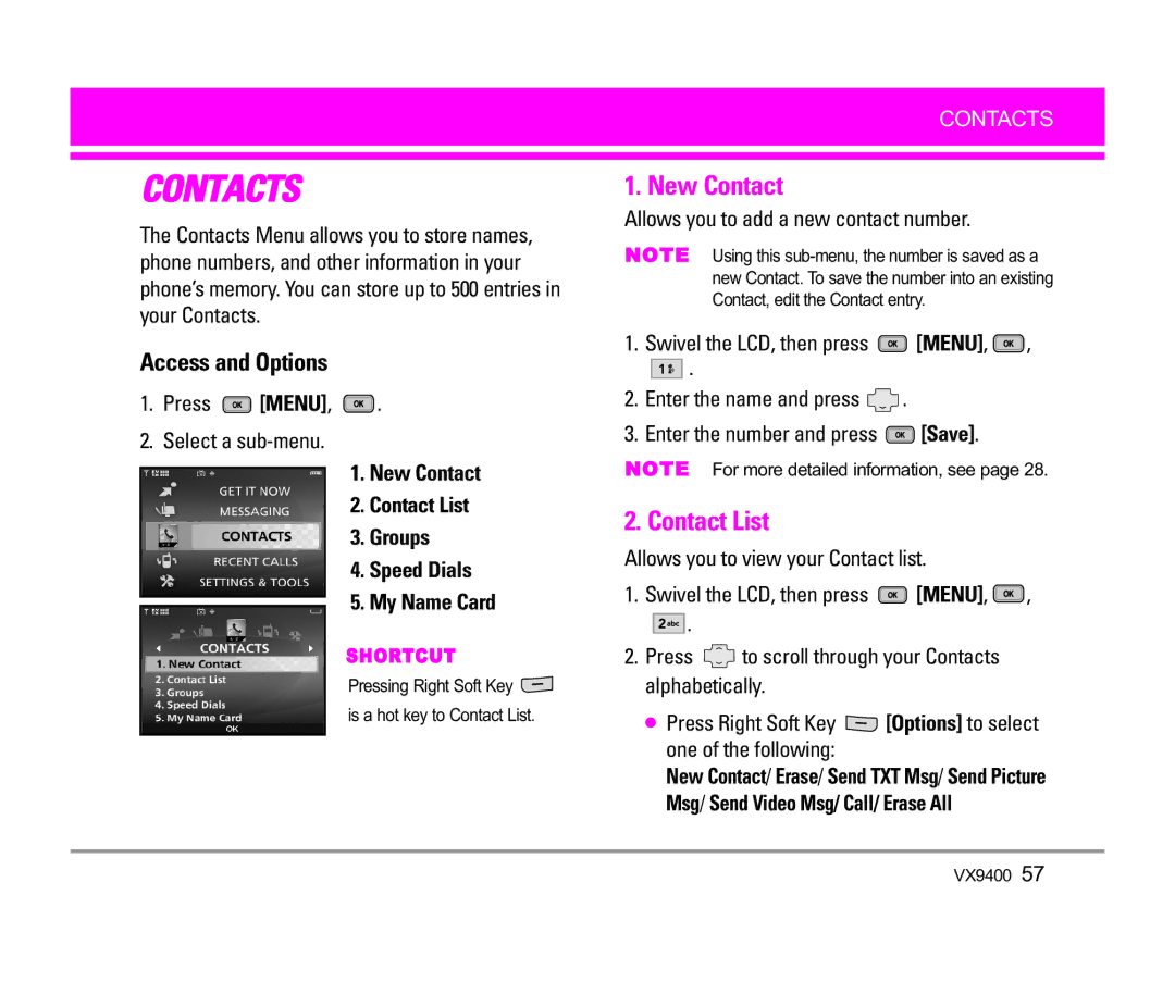 LG Electronics VX9400 manual New Contact, Contact List, Press Menu Select a sub-menu 