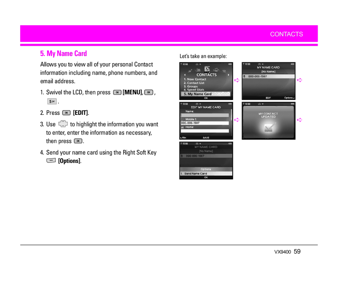 LG Electronics VX9400 manual My Name Card, Then press Send your name card using the Right Soft Key, Options 