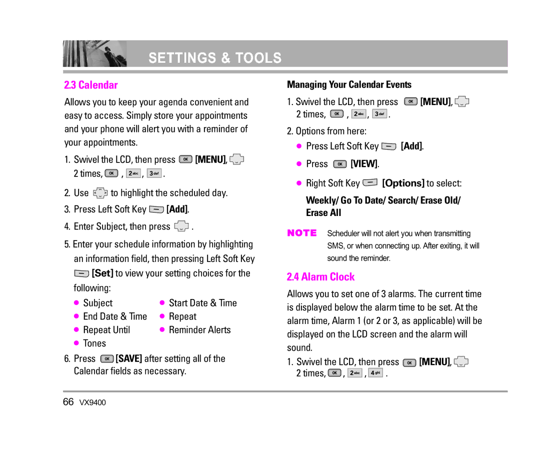 LG Electronics VX9400 manual Alarm Clock, Tones, Managing Your Calendar Events 
