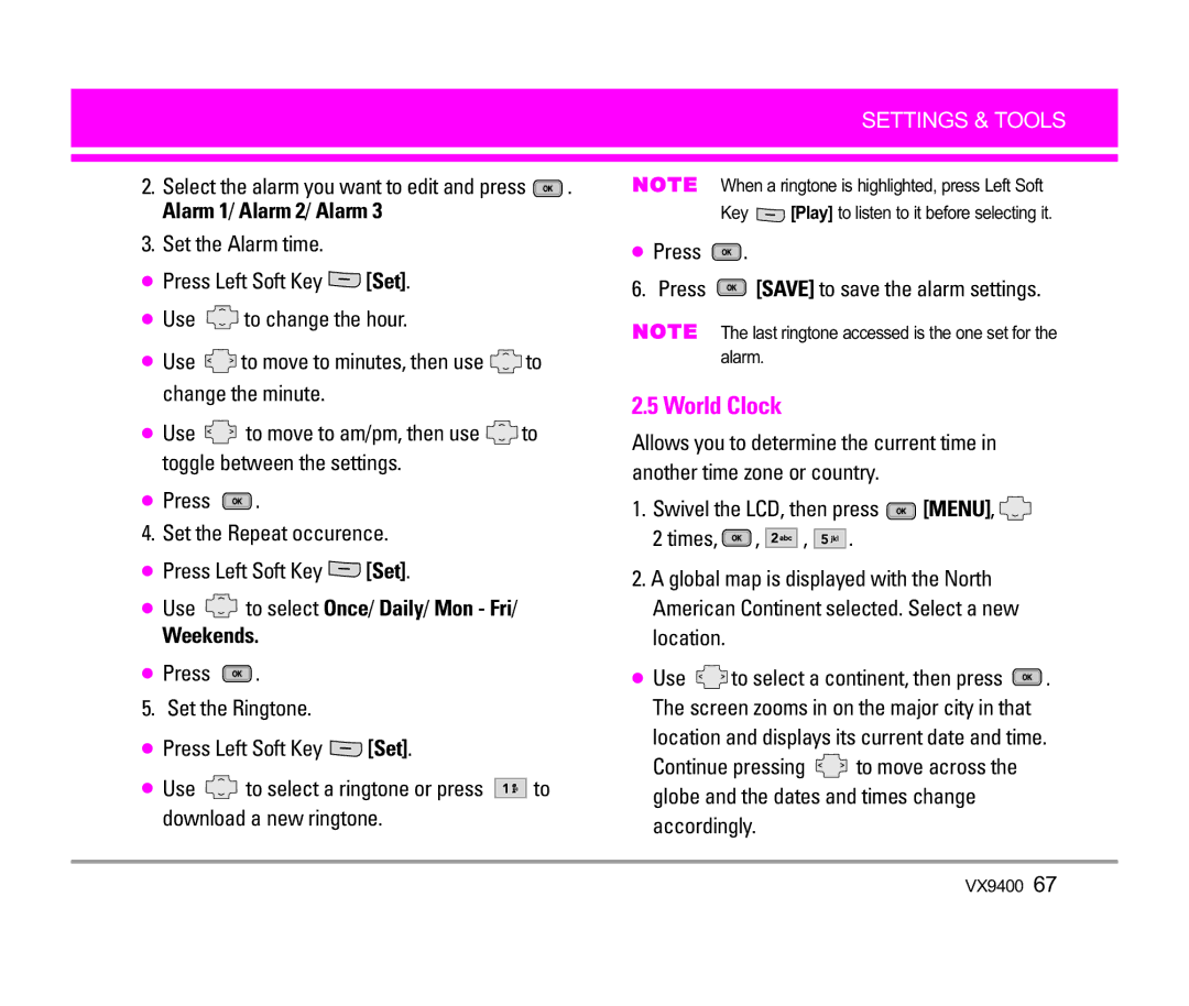 LG Electronics VX9400 manual World Clock, Weekends, Press Press Save to save the alarm settings, Accordingly 