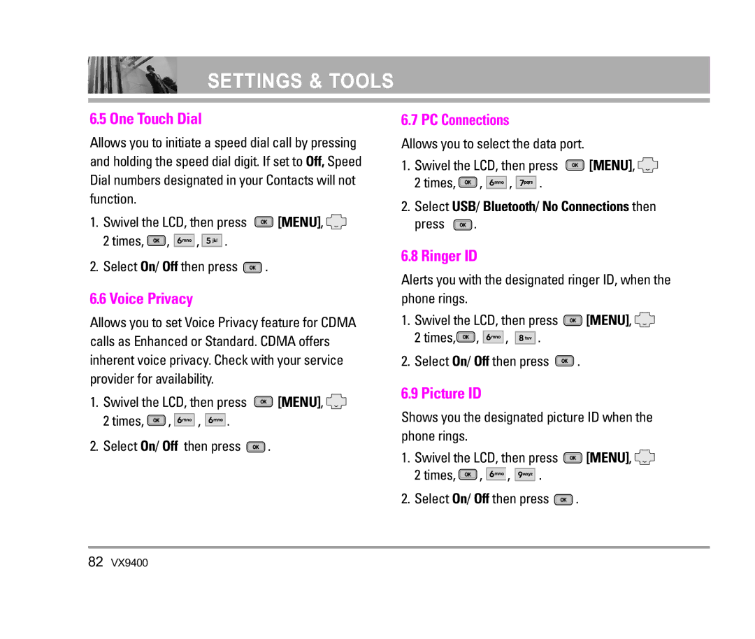 LG Electronics VX9400 manual One Touch Dial, Voice Privacy, PC Connections, Ringer ID, Picture ID 