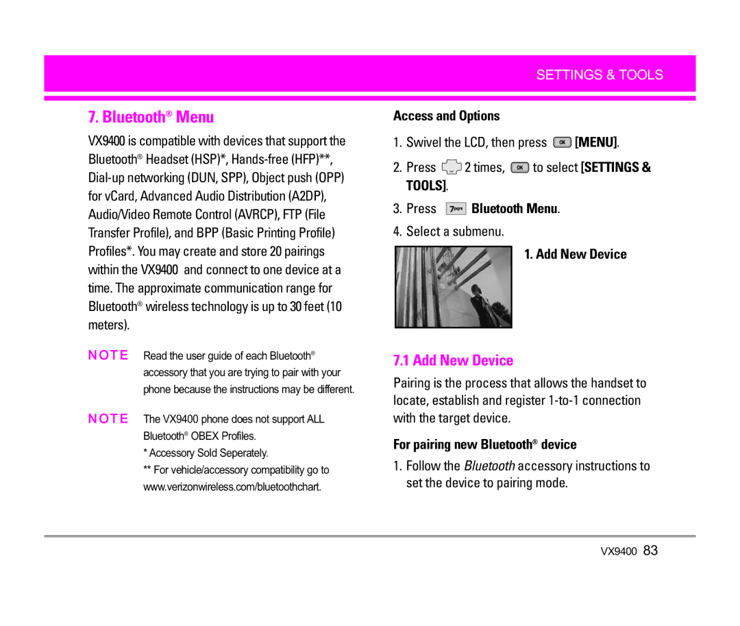 LG Electronics VX9400 manual Add New Device, Press Bluetooth Menu, For pairing new Bluetooth device 