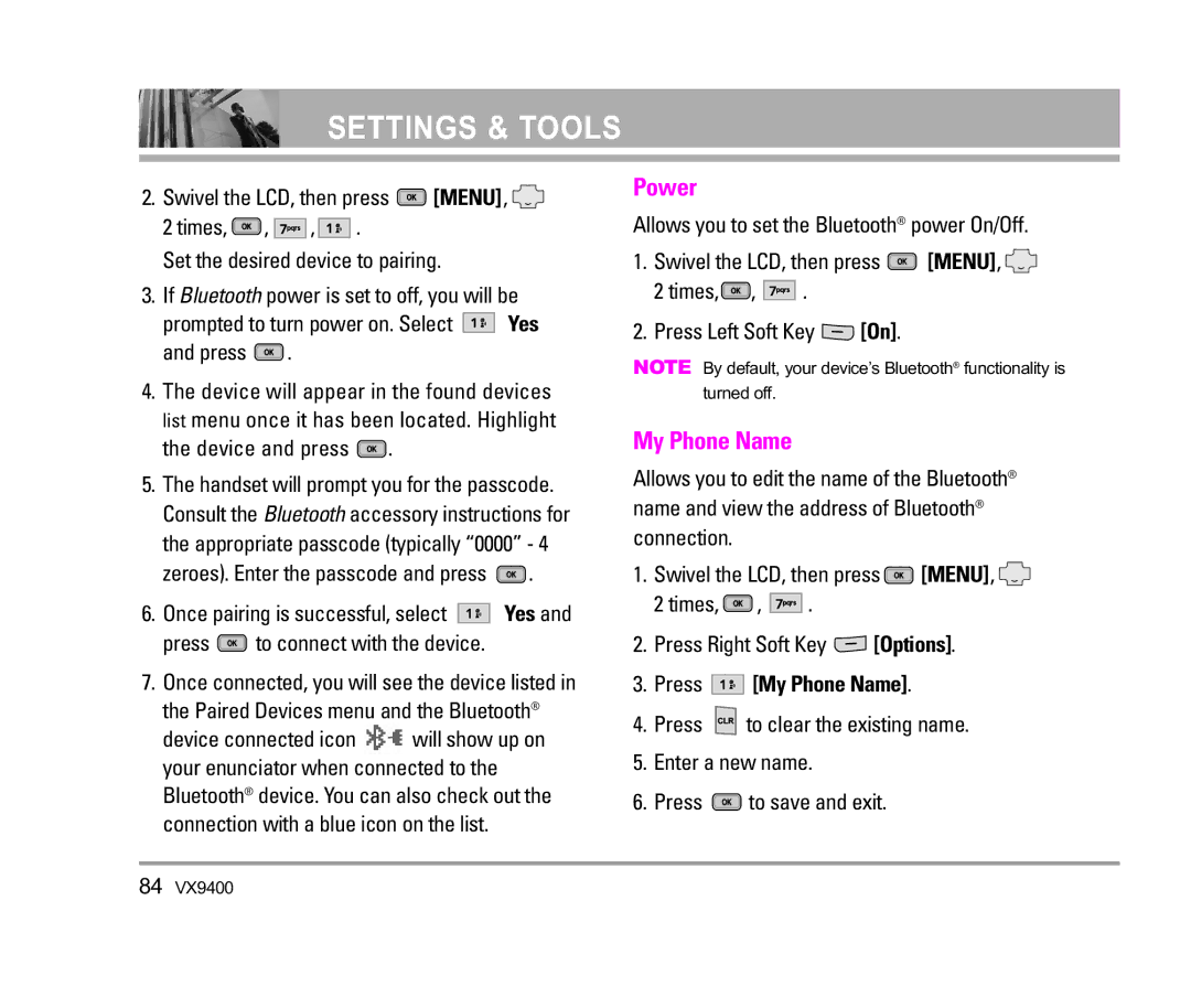 LG Electronics VX9400 manual Power, Press My Phone Name 