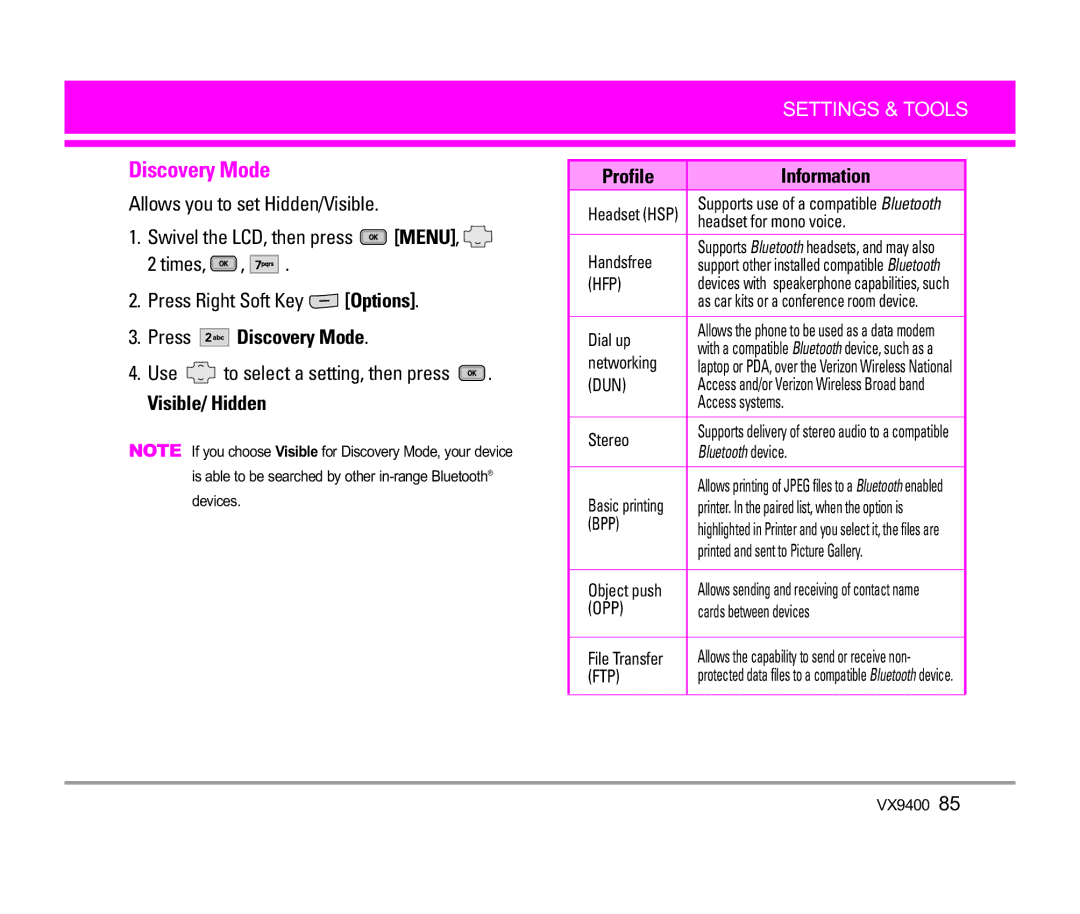 LG Electronics VX9400 manual Press Discovery Mode, Visible/ Hidden, Profile Information 