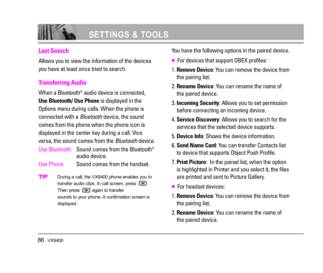 LG Electronics VX9400 manual Last Search, Transferring Audio, Audio device, Device Info Shows the device information 