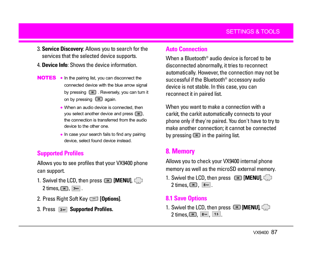 LG Electronics VX9400 manual Memory, Auto Connection, Save Options, Press Supported Profiles 