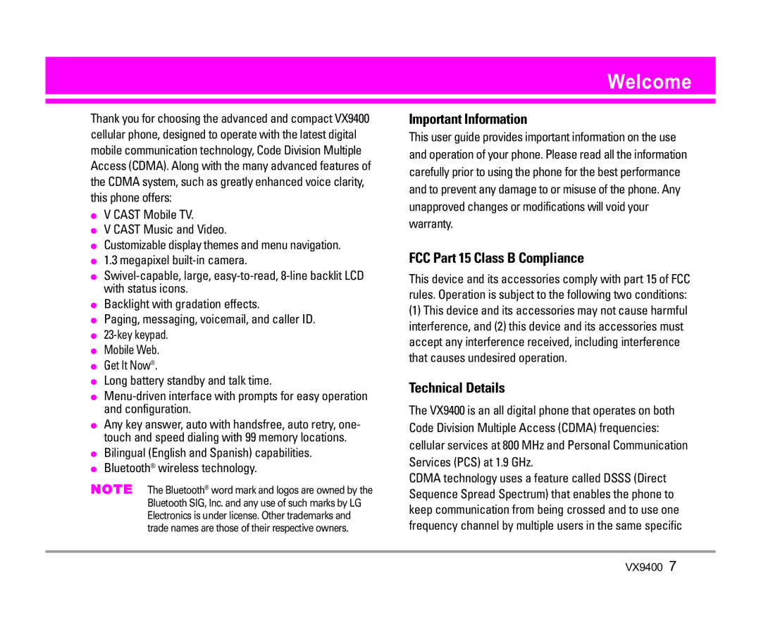 LG Electronics VX9400 manual Welcome, Important Information, FCC Part 15 Class B Compliance, Technical Details 