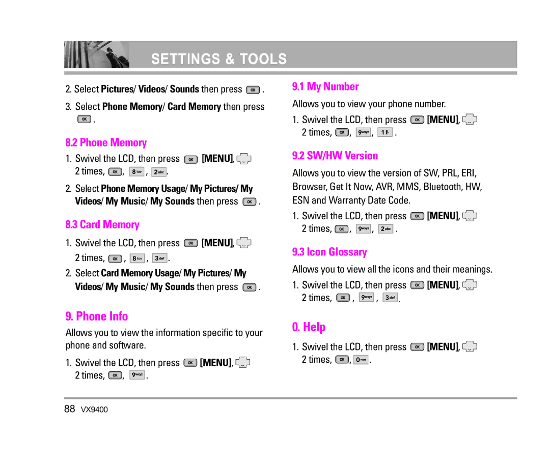 LG Electronics VX9400 manual Phone Info, Help 