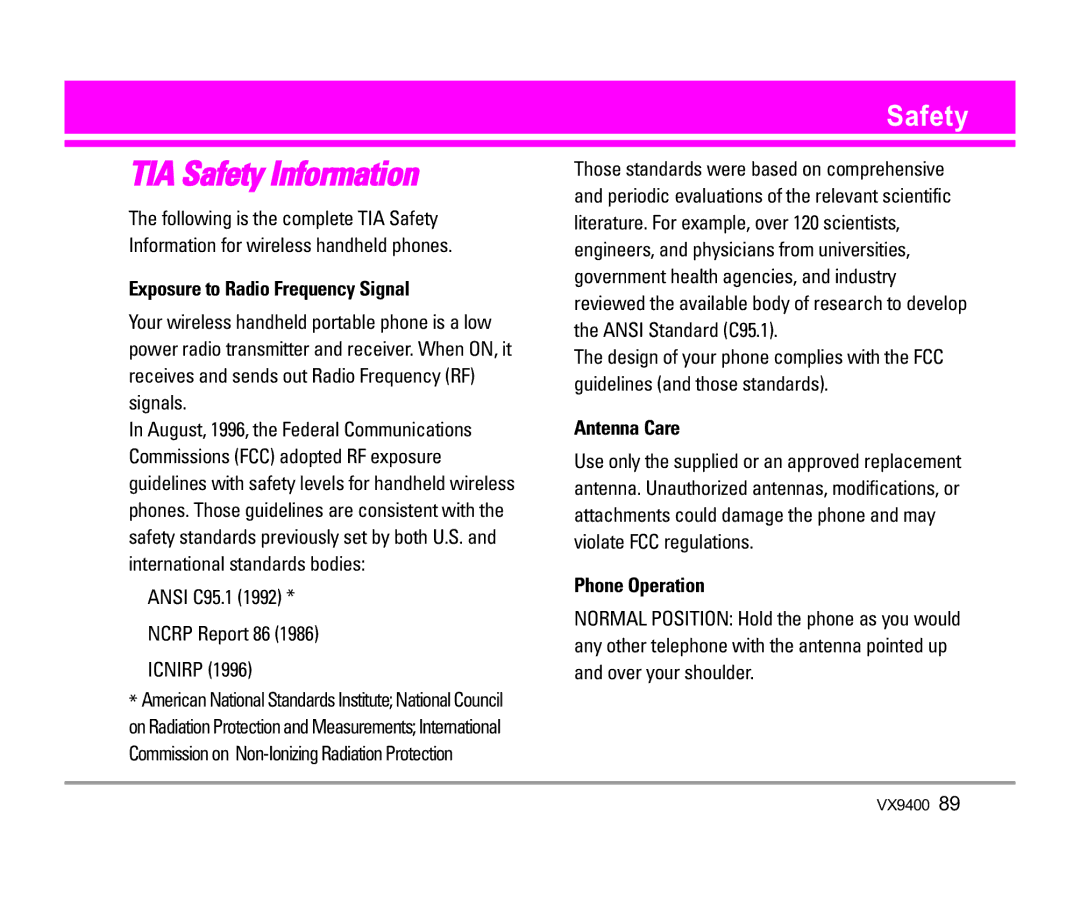 LG Electronics VX9400 manual Safety, Exposure to Radio Frequency Signal, Ansi C95.1 Ncrp Report 86 Icnirp, Antenna Care 