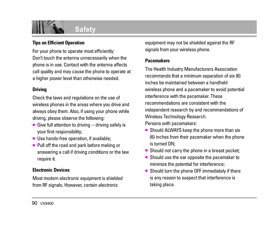 LG Electronics VX9400 manual Tips on Efficient Operation, Driving, Electronic Devices, Pacemakers, Persons with pacemakers 