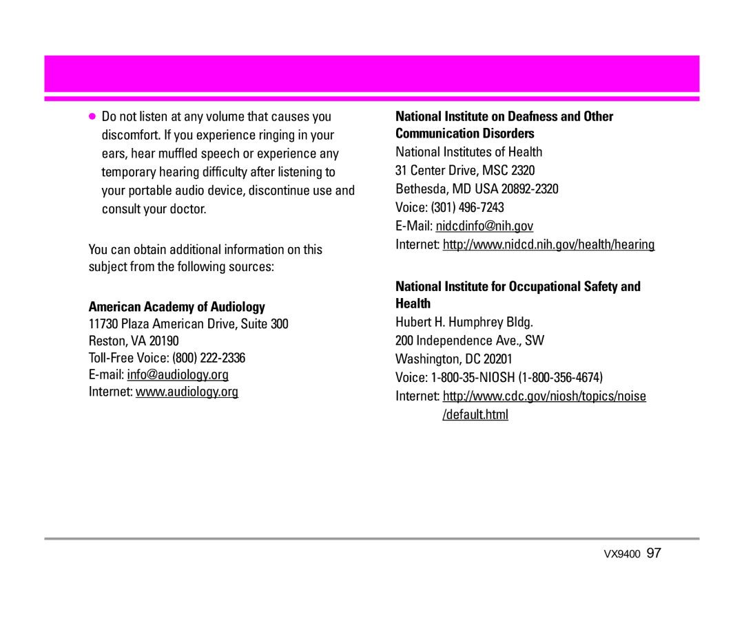 LG Electronics VX9400 manual American Academy of Audiology, National Institute for Occupational Safety and Health 