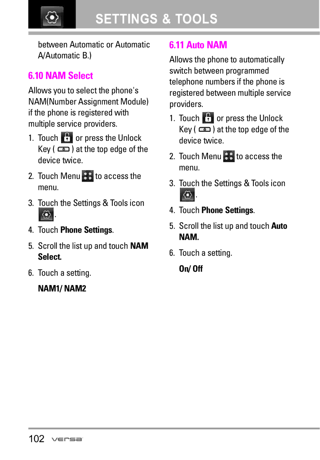 LG Electronics VX9600 manual NAM Select, Auto NAM, 102 