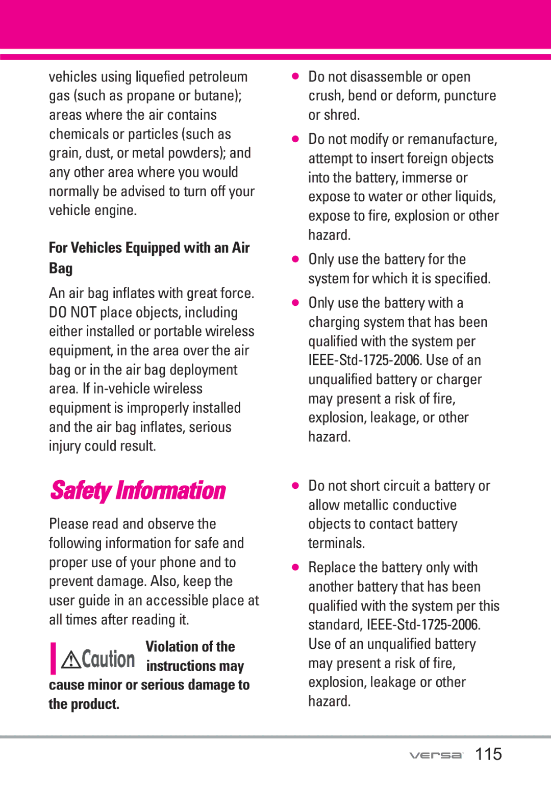 LG Electronics VX9600 manual 115, For Vehicles Equipped with an Air Bag, Cause minor or serious damage to the product 