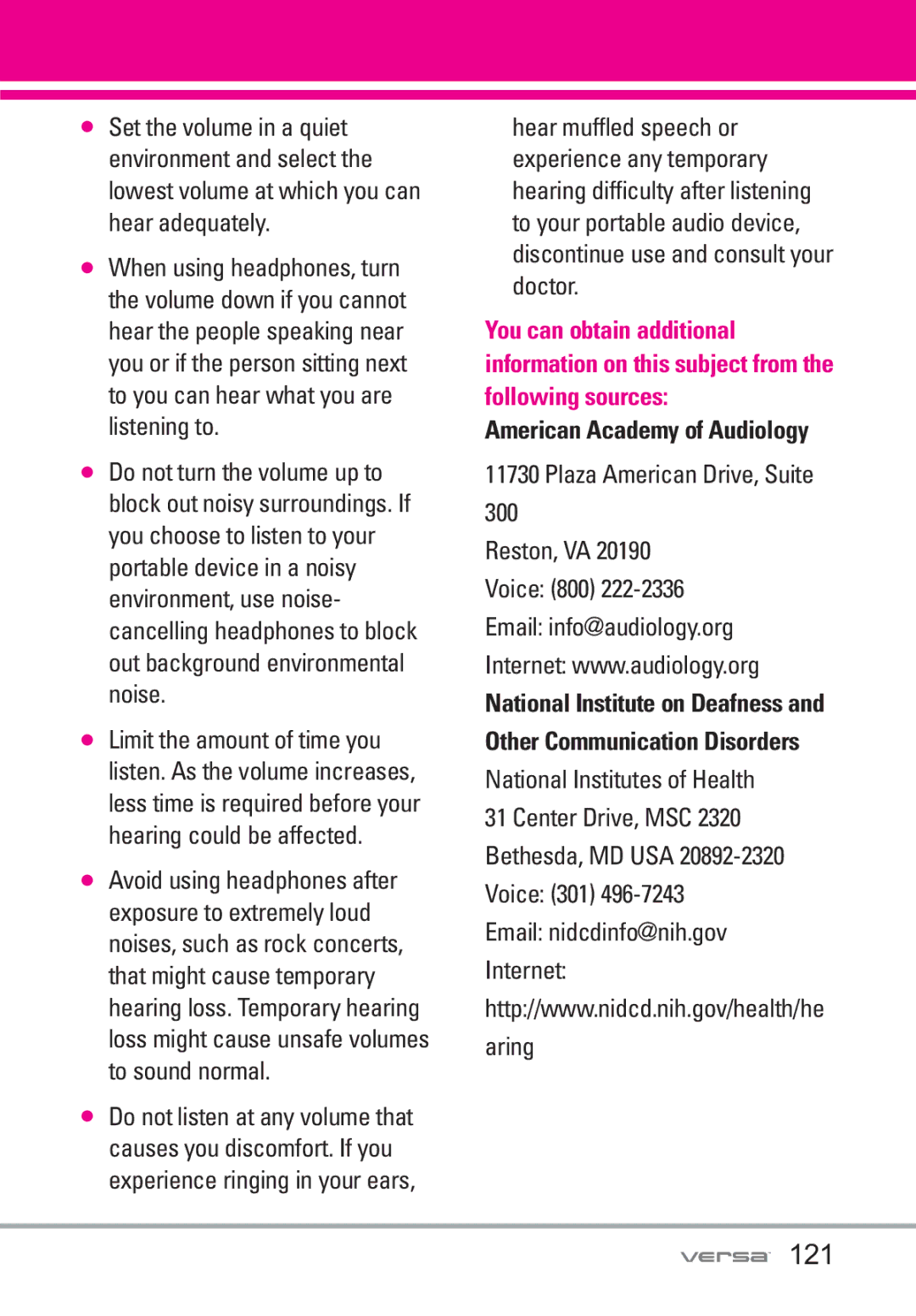 LG Electronics VX9600 manual 121, American Academy of Audiology, Other Communication Disorders 