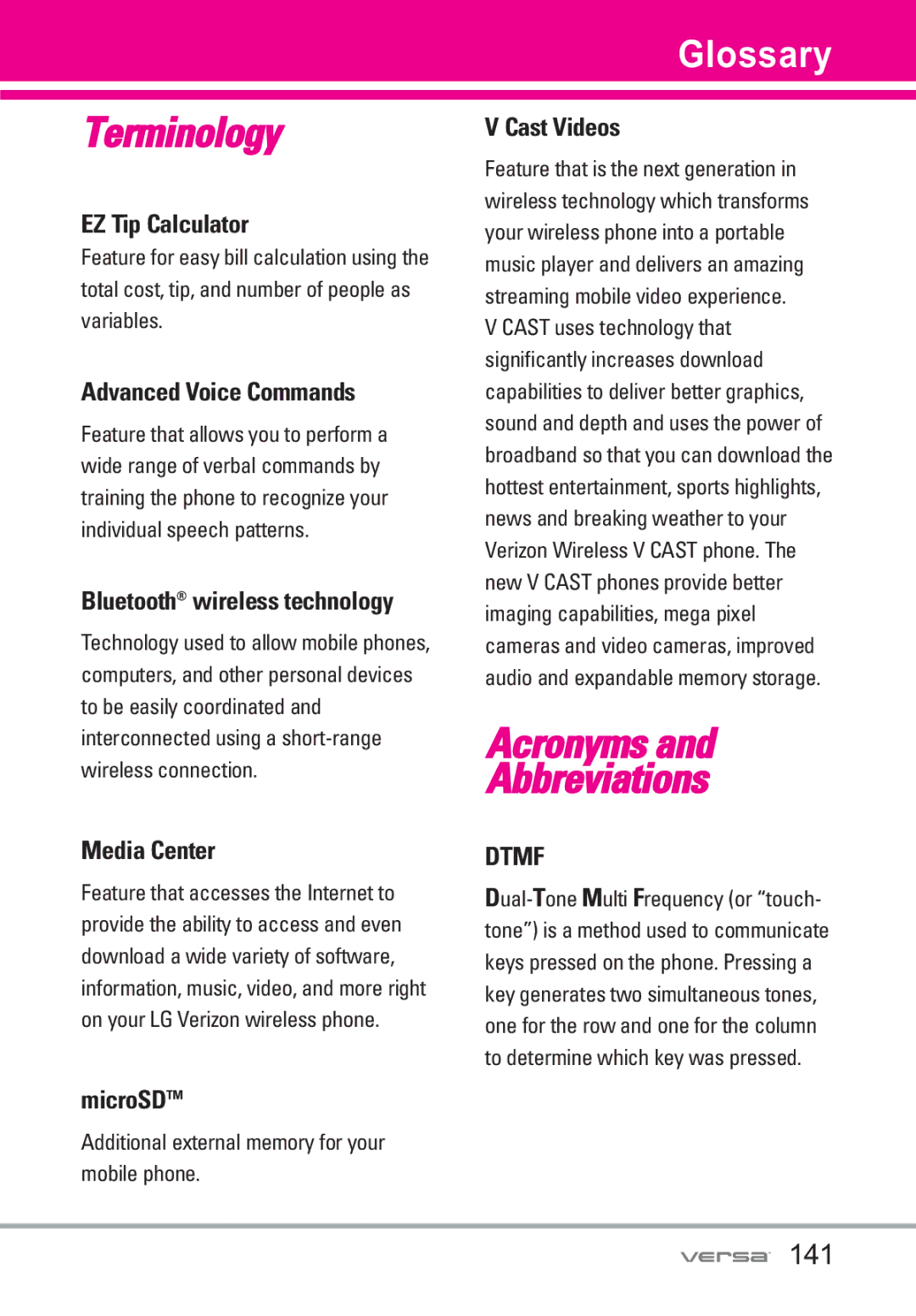 LG Electronics VX9600 manual Glossary, 141 