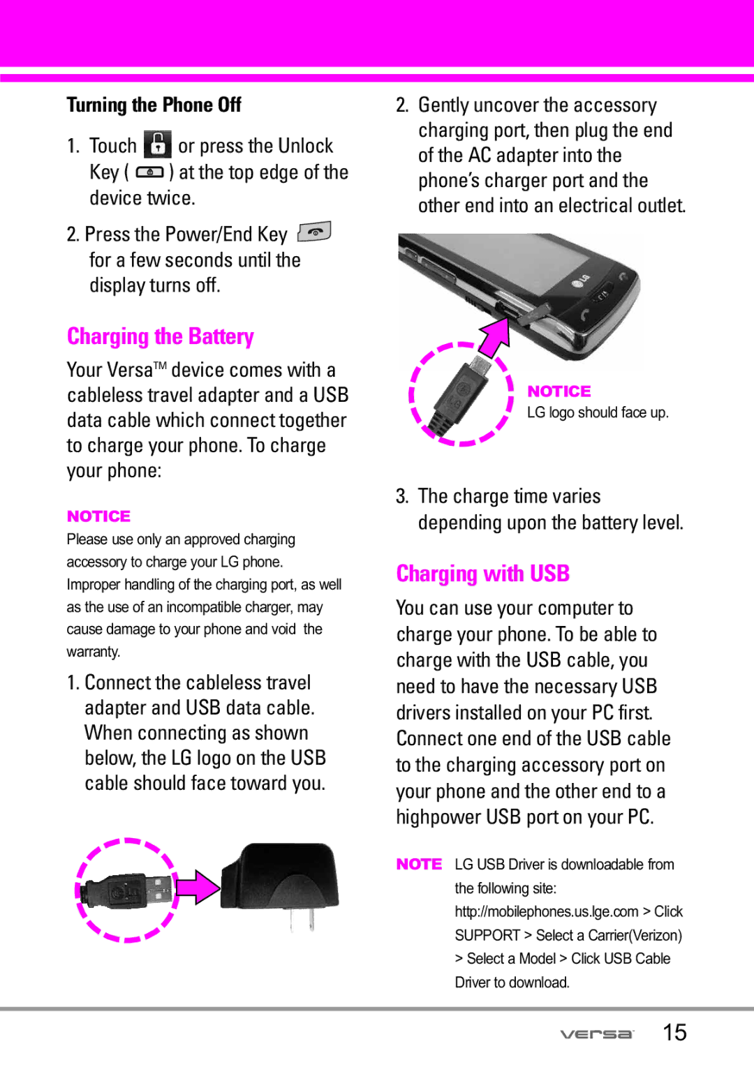 LG Electronics VX9600 manual Charging the Battery, Charging with USB, Turning the Phone Off 
