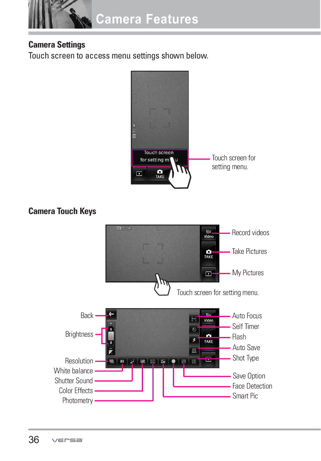 LG Electronics VX9600 manual Camera Settings, Touch screen to access menu settings shown below, Camera Touch Keys 