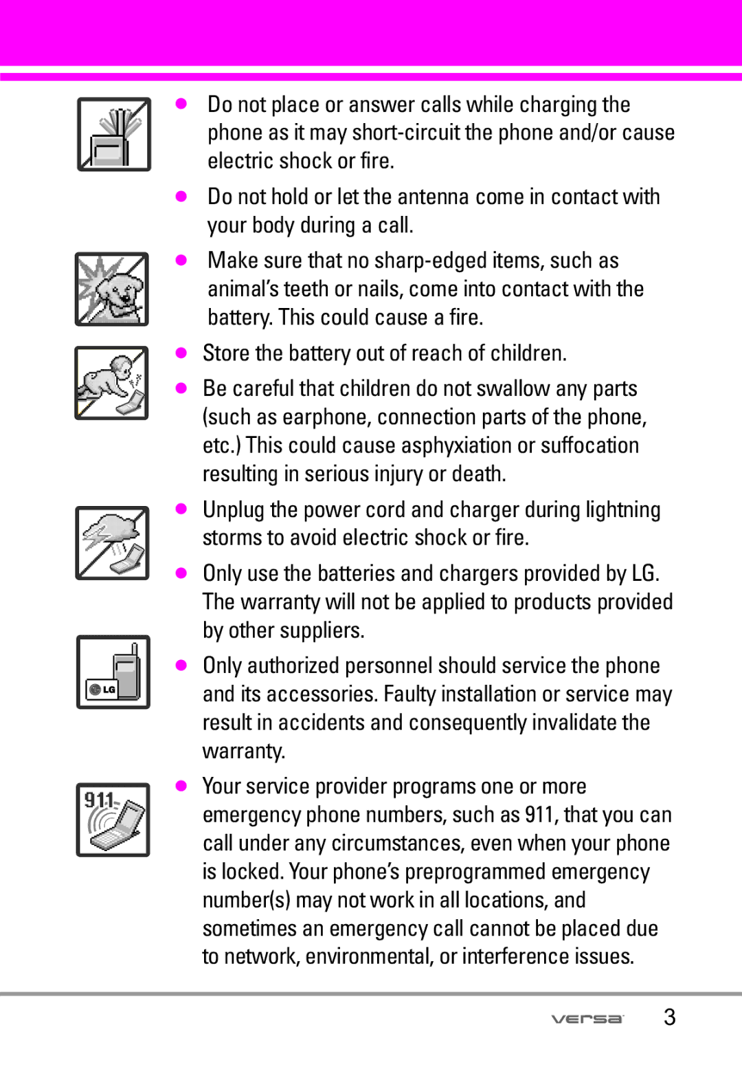 LG Electronics VX9600 manual Store the battery out of reach of children 