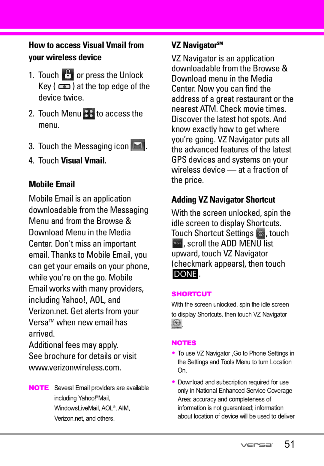 LG Electronics VX9600 manual Touch Visual Vmail Mobile Email, VZ NavigatorSM, Adding VZ Navigator Shortcut 