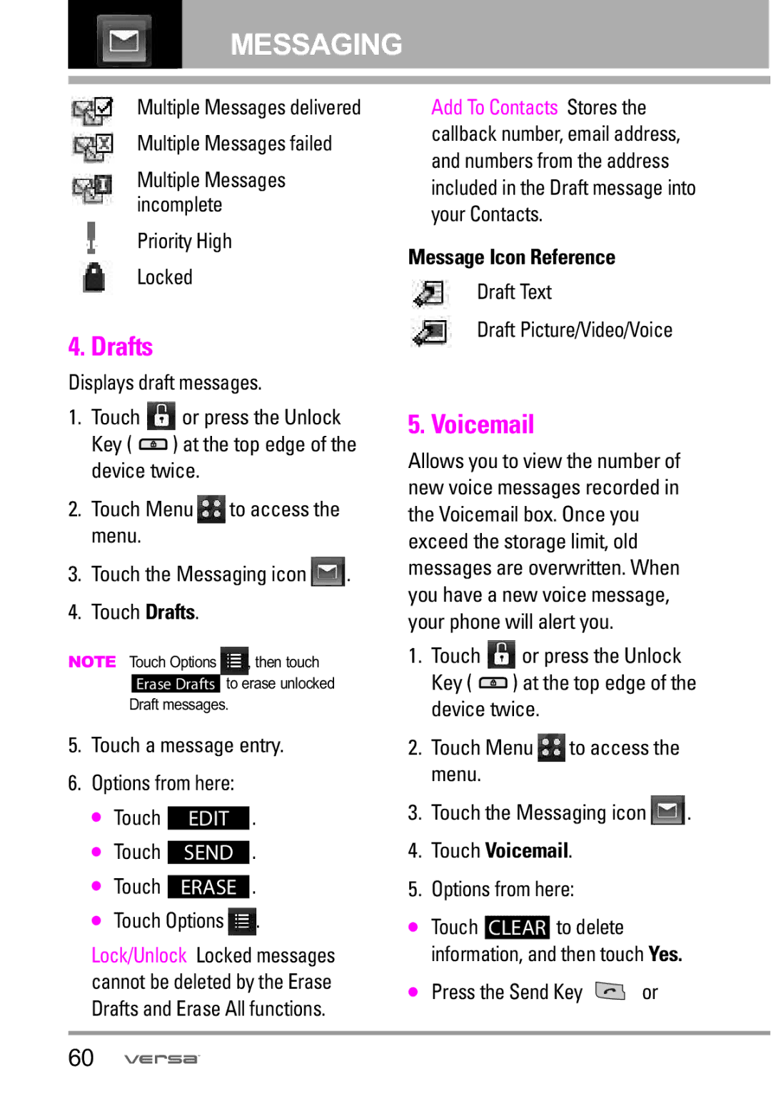 LG Electronics VX9600 manual Drafts, Touch Voicemail 