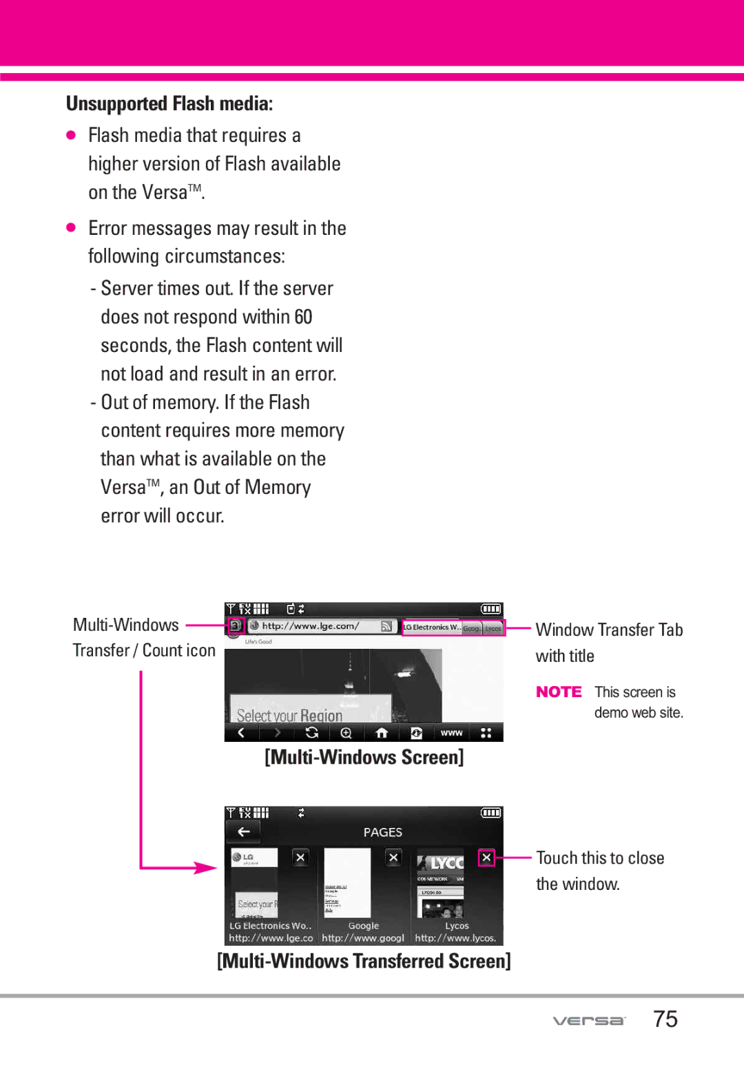 LG Electronics VX9600 manual Unsupported Flash media, Multi-Windows Screen, Multi-Windows Transferred Screen 