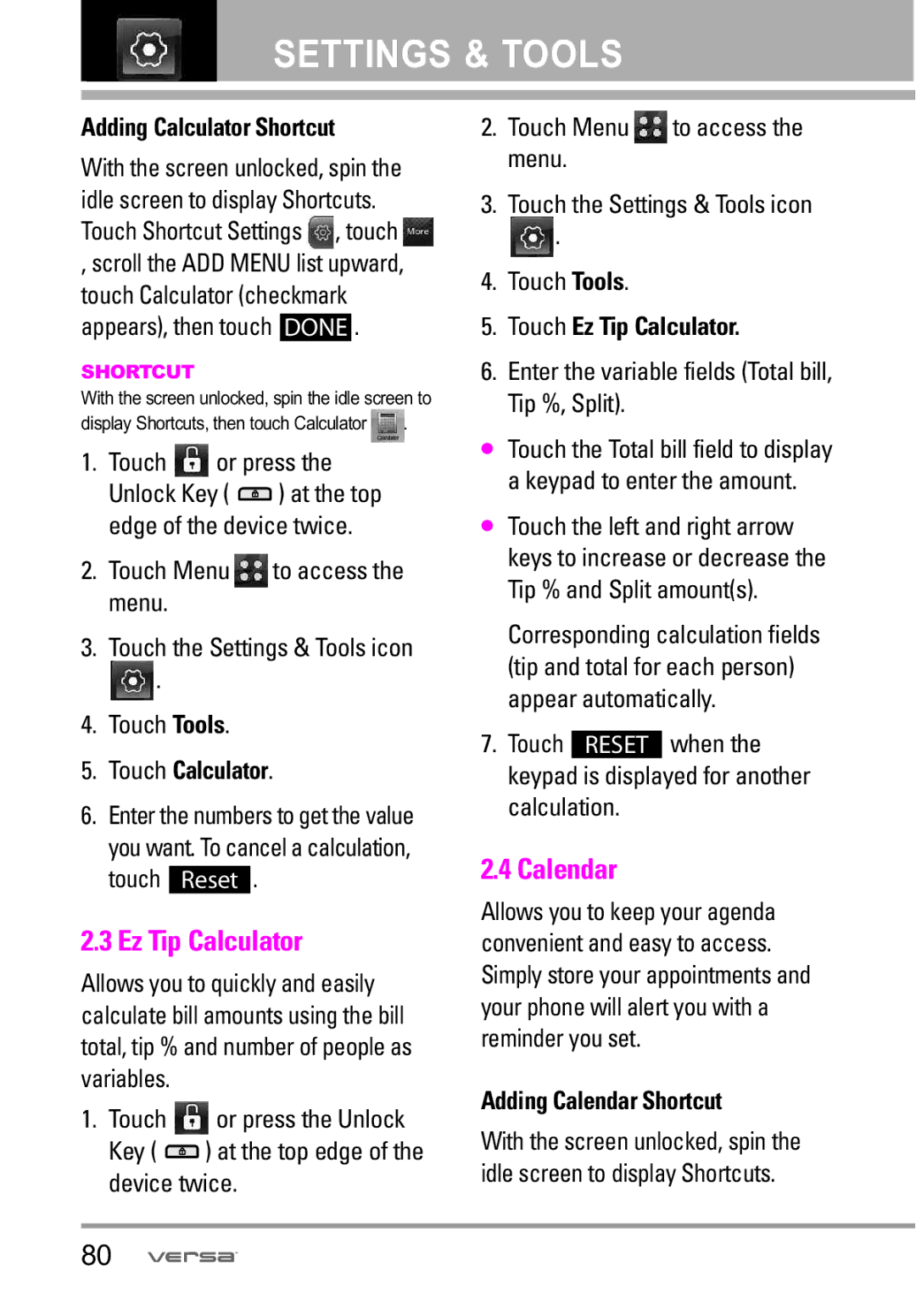 LG Electronics VX9600 manual Ez Tip Calculator, Calendar 