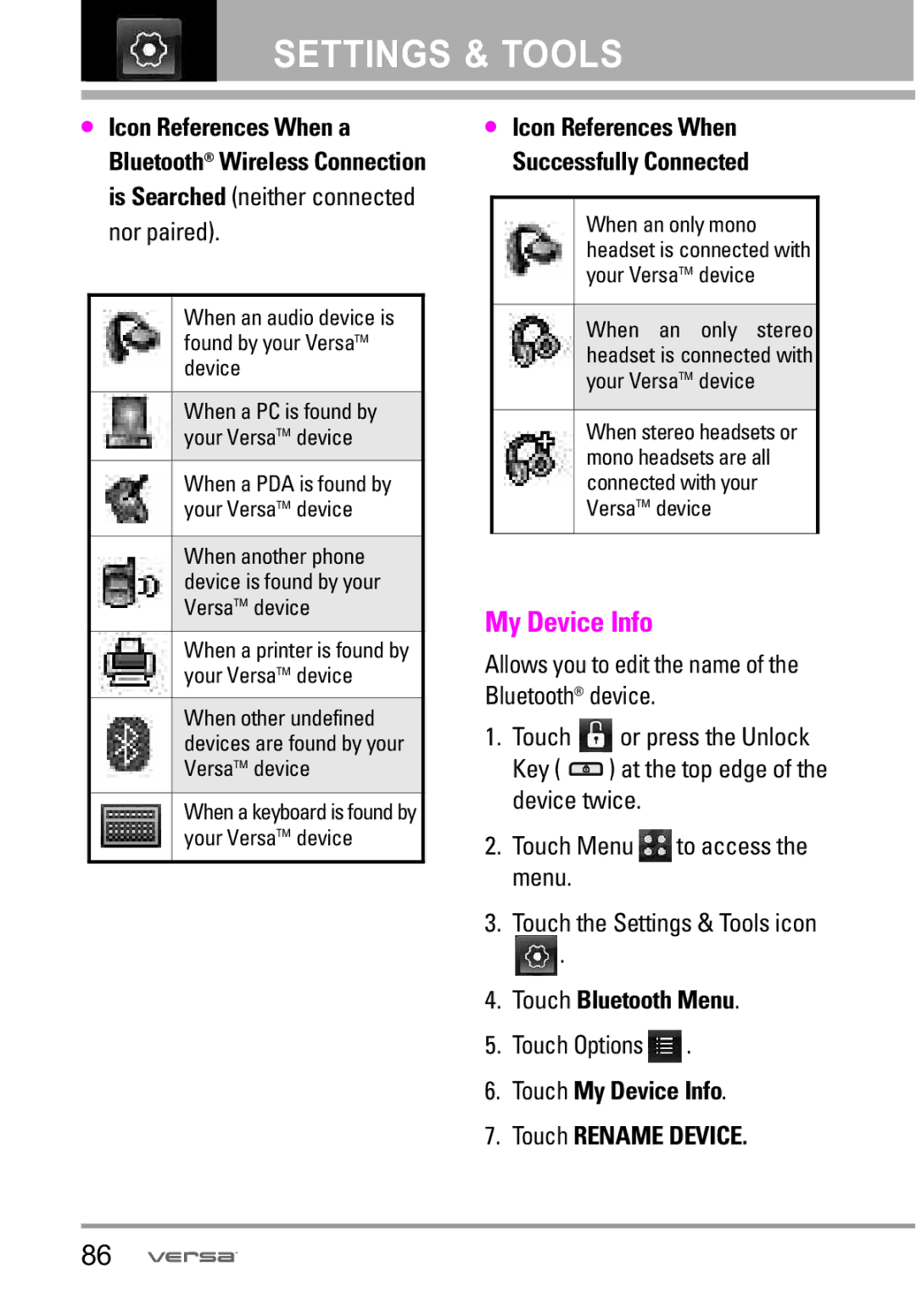 LG Electronics VX9600 manual My Device Info, Allows you to edit the name of the Bluetooth device 