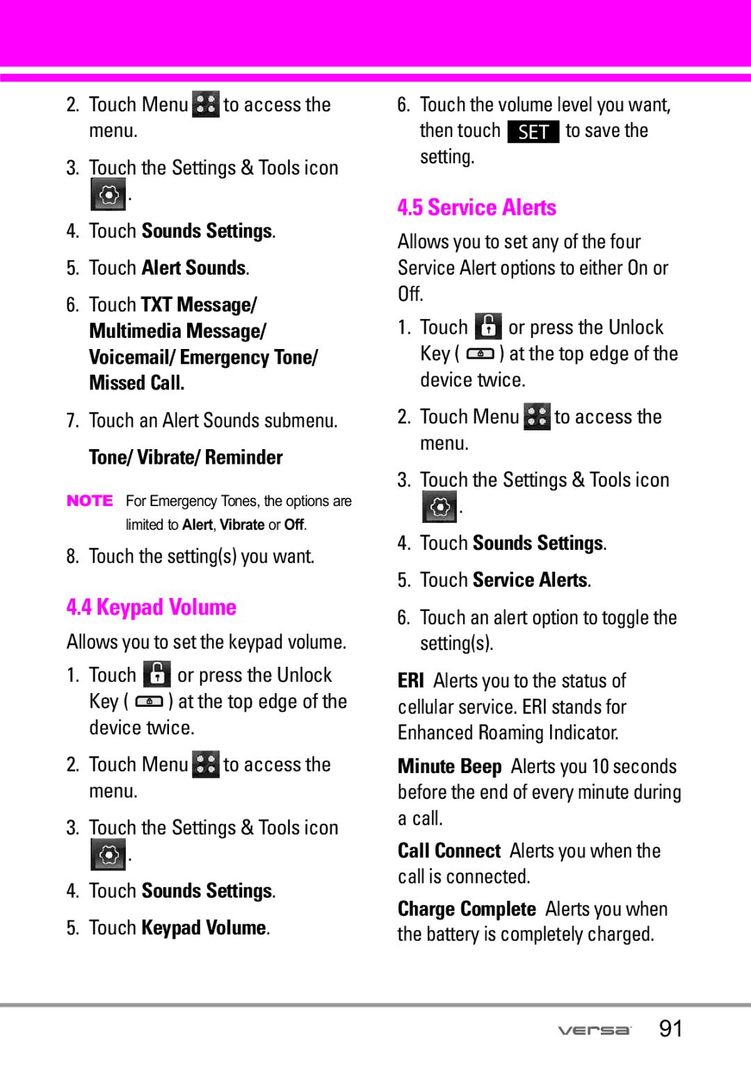 LG Electronics VX9600 manual Keypad Volume, Service Alerts 