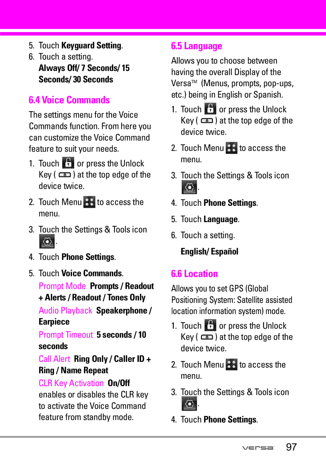 LG Electronics VX9600 manual Language, Location 