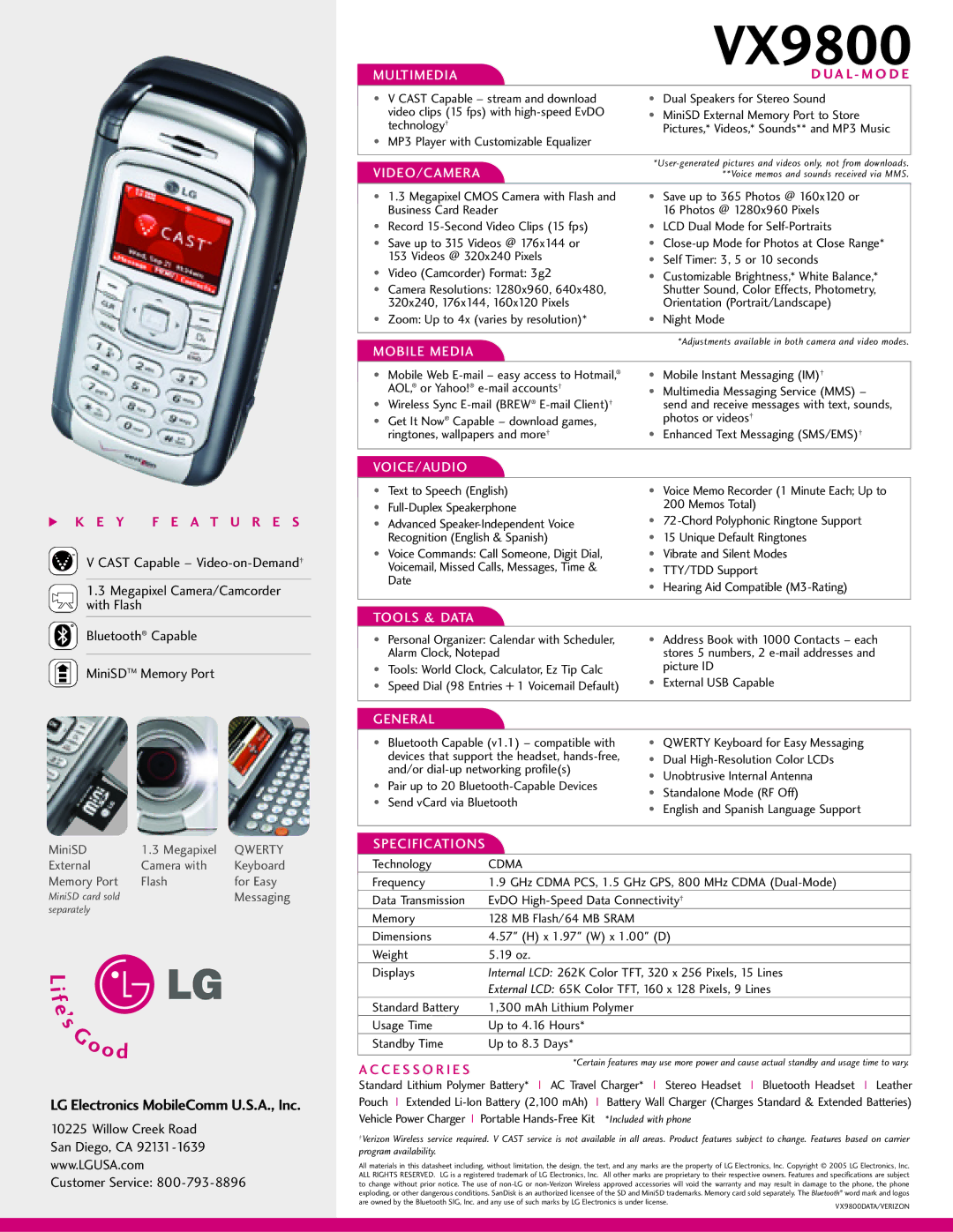 LG Electronics VX9800 manual Multimedia, Video/Camera, Mobile Media, Voice/Audio, Tools & Data, General, Specifications 