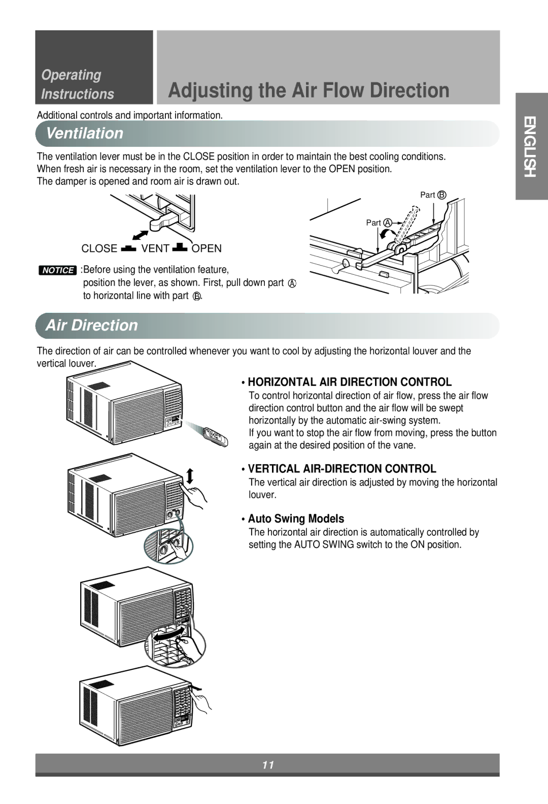 LG Electronics W081CA, W122CM Ventilation, Air Direction, Auto Swing Models, Additional controls and important information 